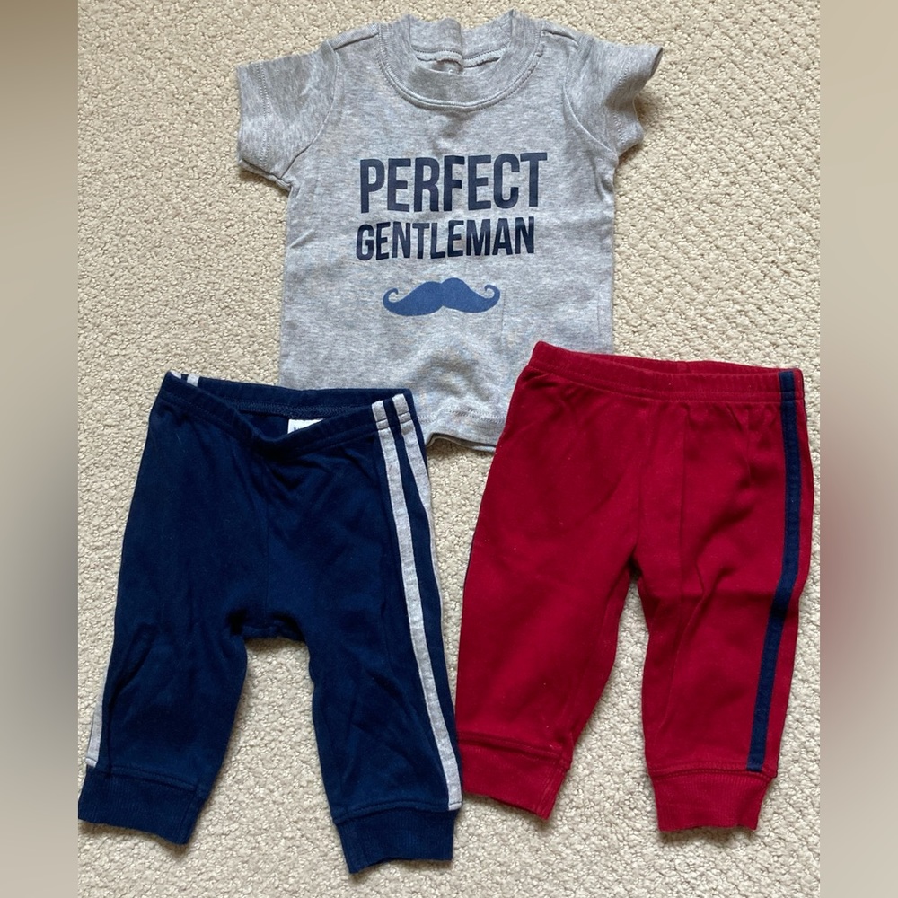 Carters 3 piece baby boy 3 month tee shirt and two sweat pants.